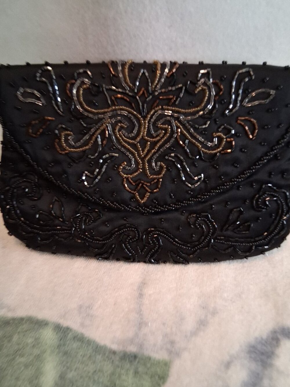 VTG Black Satin Beaded Evening Bag Convertible Crossbody Clutch Metallic Scroll - Picture 3 of 11
